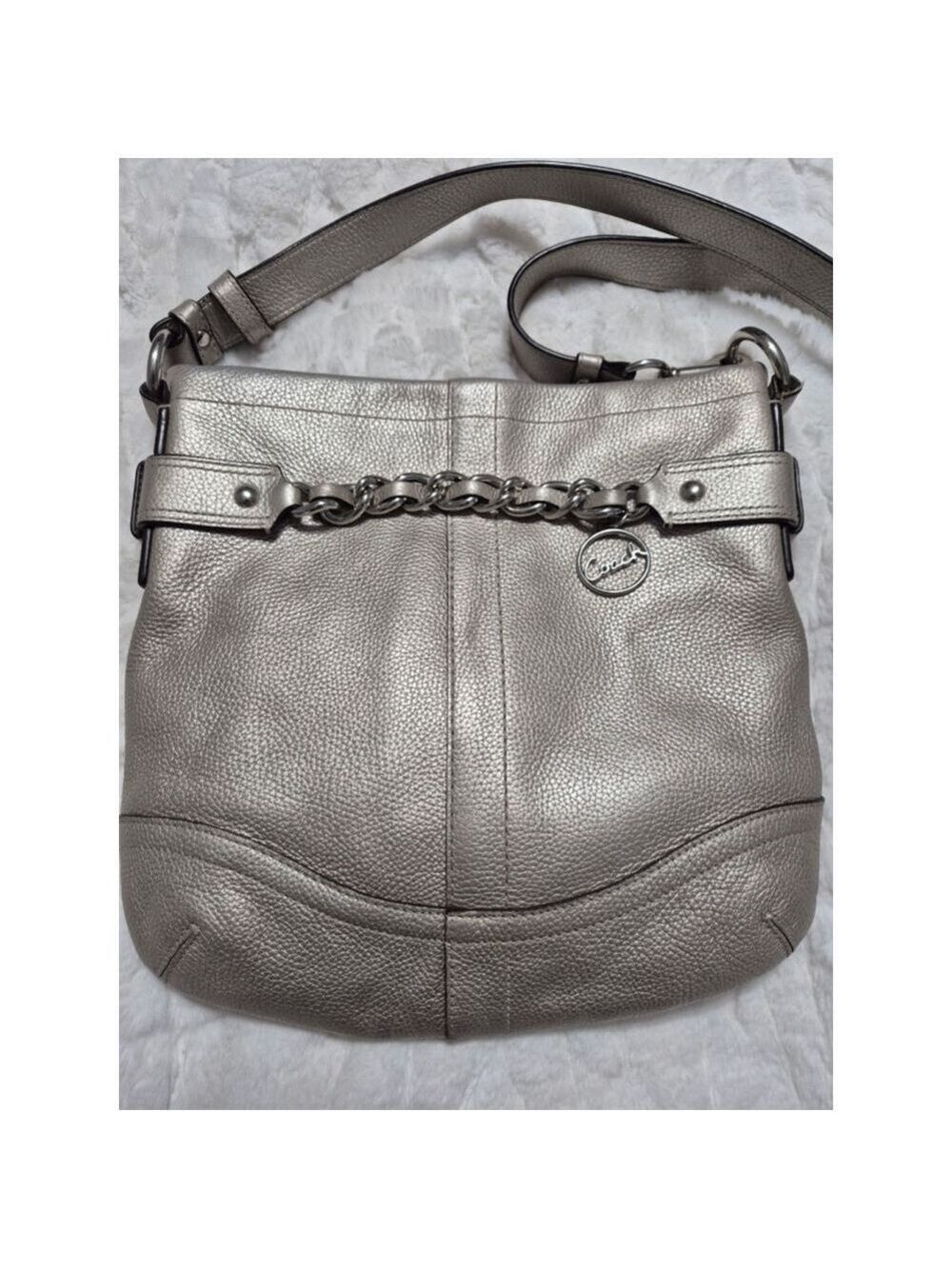 Women's Coach Silver Pebbled Leather Crossbody Bag Silver Hardware Pink Lining
